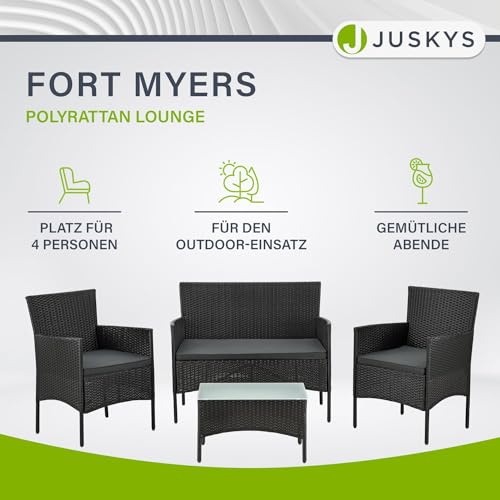 Juskys Polyrattan Sitzgruppe Fort Myers 4 Personen mit 2er Sofa, 2 Stühle, Tisch & Sitzkissen wetterfest schwarz/grau Balkonmöbel Gartenmöbel Set - 2